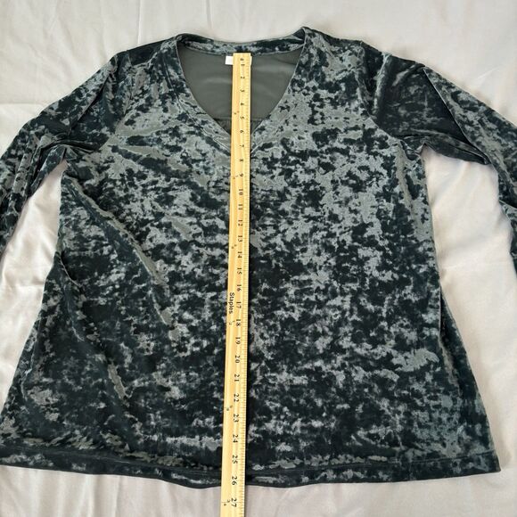 J. Jill Sz L Crushed Velvet Blouse V-Neck Shirred Back Long Sleeve Green Holiday - Picture 4 of 7